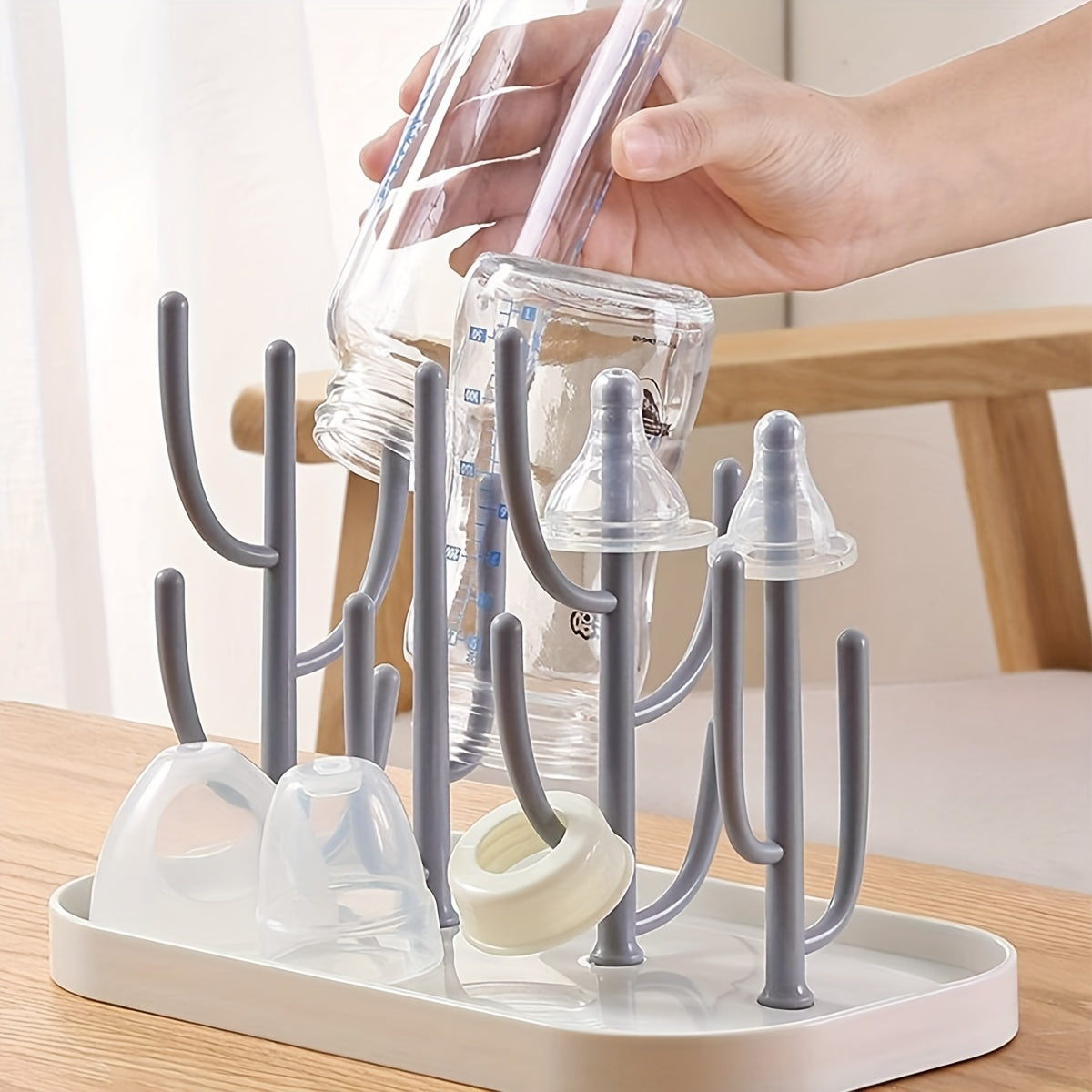 Space-Saving Cactus-Inspired Youngsters Bottle Drying Rack with Base