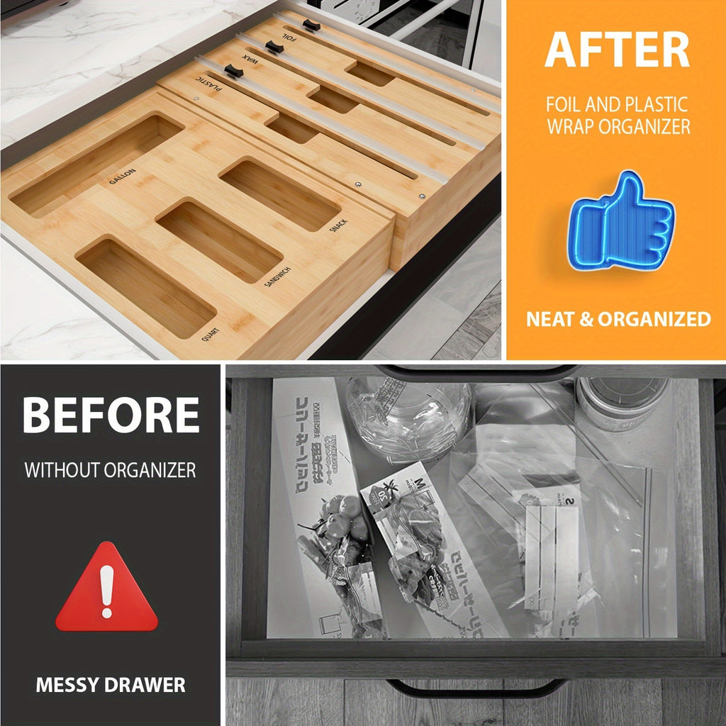 Storage Bag Organizer Foil and Plastic Wrap Organizer Dispenser with Cutter