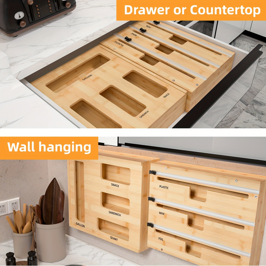 Storage Bag Organizer Foil and Plastic Wrap Organizer Dispenser with Cutter