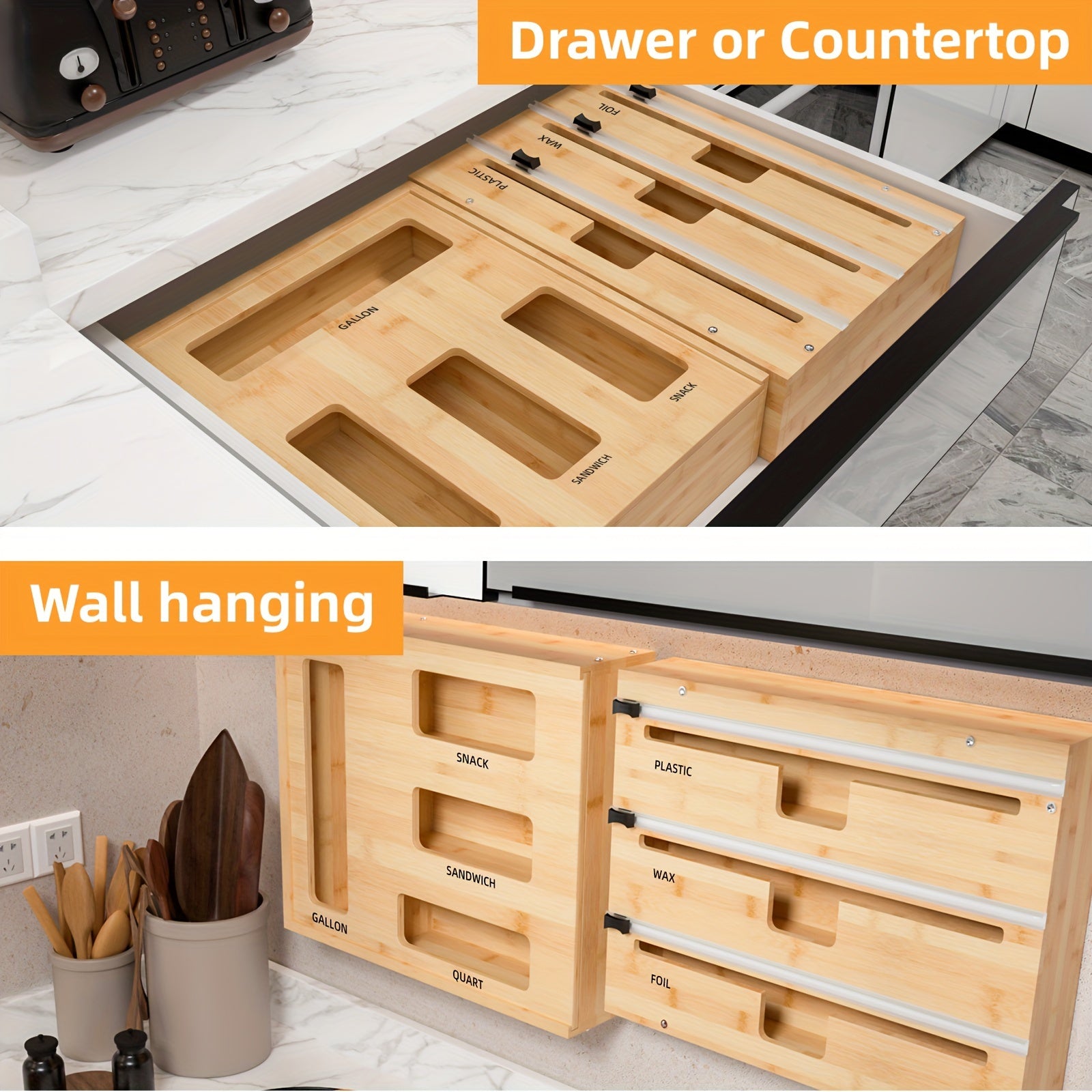 Storage Bag Organizer Foil and Plastic Wrap Organizer Dispenser with Cutter