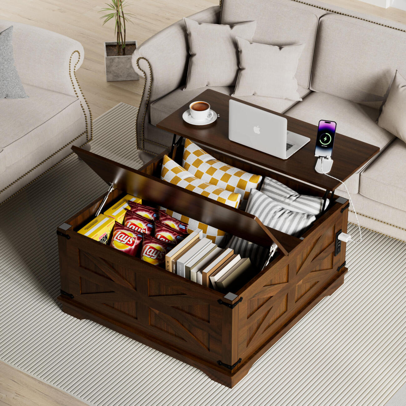 Farmhouse Coffee Table With Lift-Top, USB Charging Station & Hidden Storage