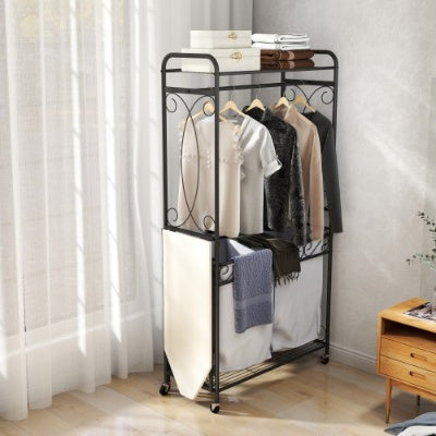 Multi Functional Laundry Hamper Organizer With Hanging Rail And Storage Shelf