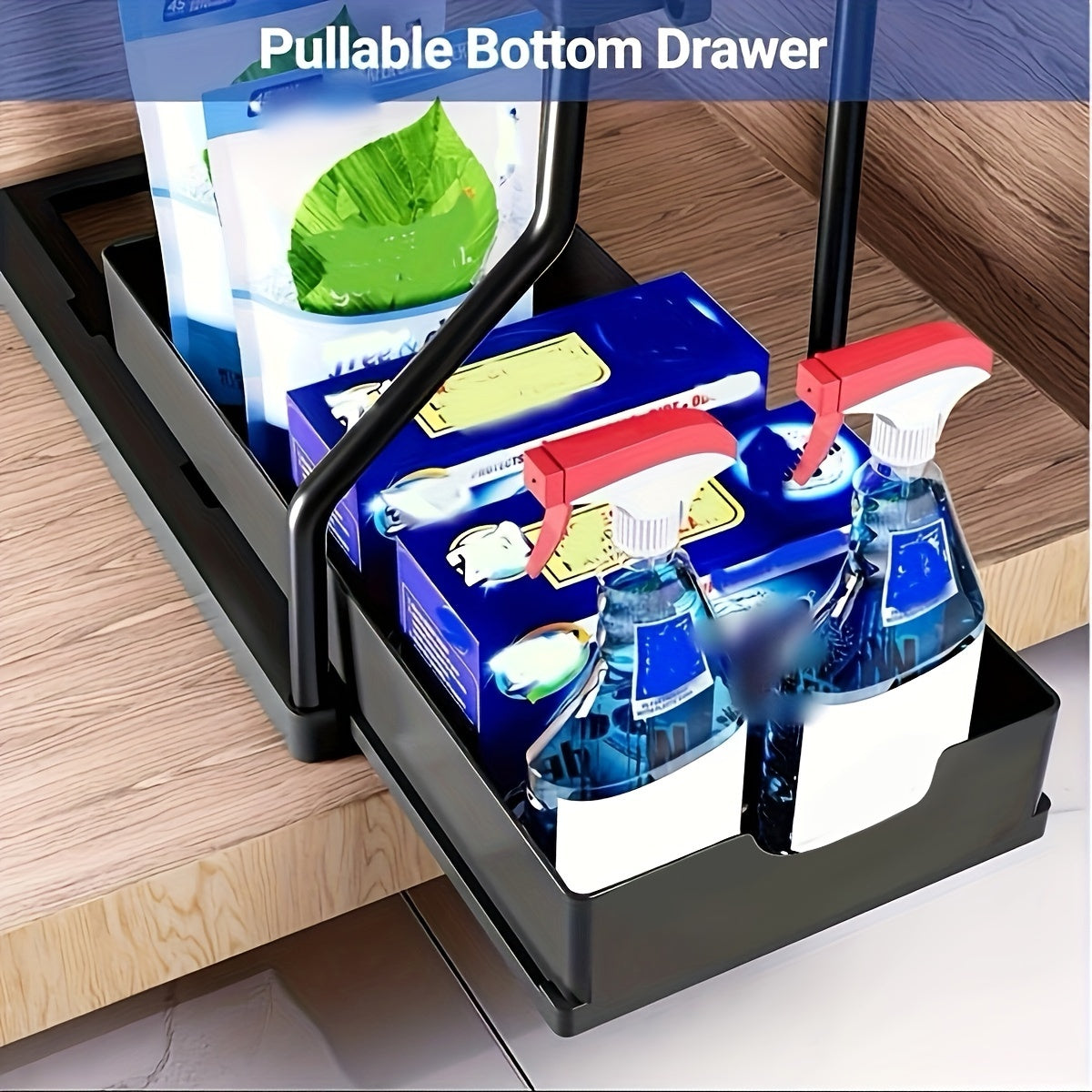 1pc Pull Out Organizer, Large Capacity 2 Tiers Black